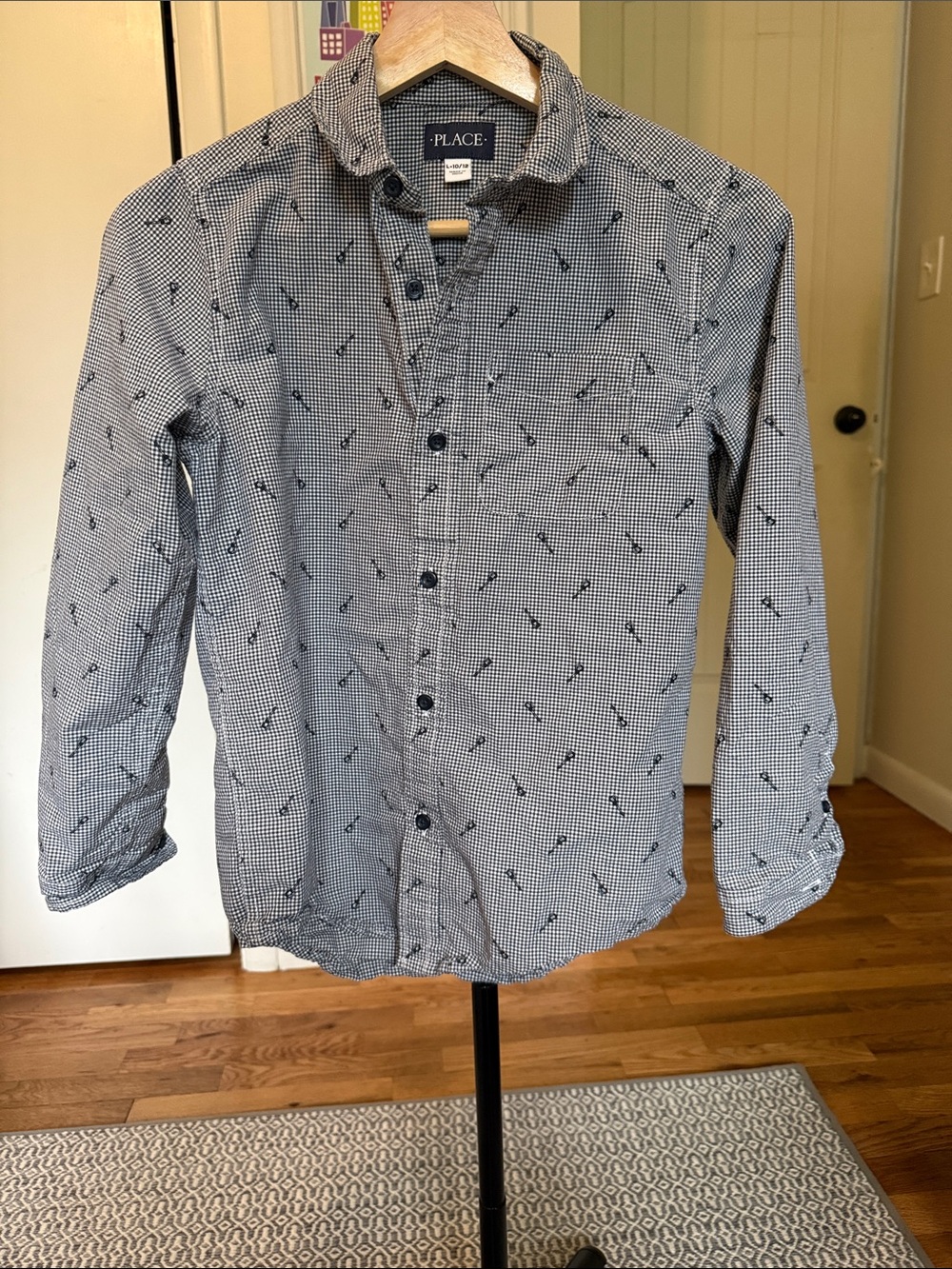 The Children's Place Navy & White Micro-Check Button-Down Shirt with guitars!